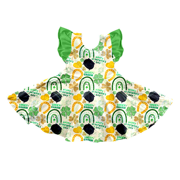 Green gold clover rainbow lucky charm girls st patrick's dress