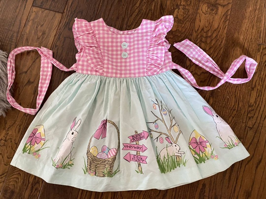 Pink plaid bunny eggs kids girls easter dresses