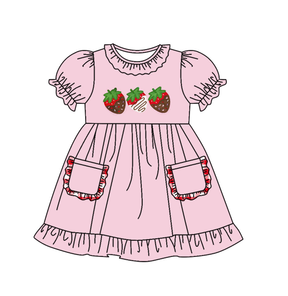 Pink short sleeves strawberry girls spring dresses