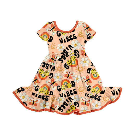 Good vibes rainbow smile floral girls summer dress