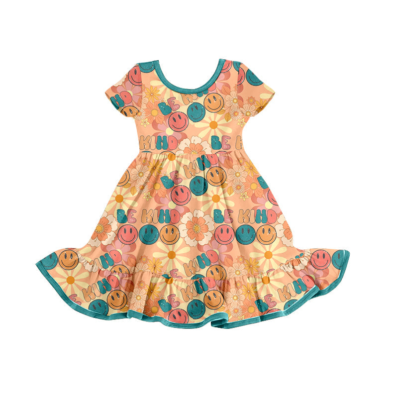 Short sleeves be kind smile floral girls summer dress