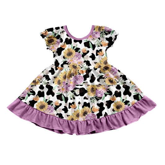 Short sleeves lavender floral cow print girls dresses