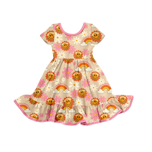 Short sleeves smile rainbow floral baby girls summer dress