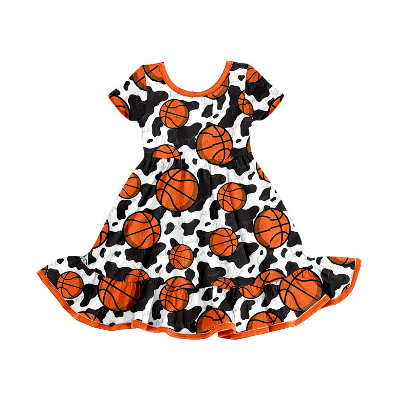 Short sleeves cow print baseketball baby girls dresses