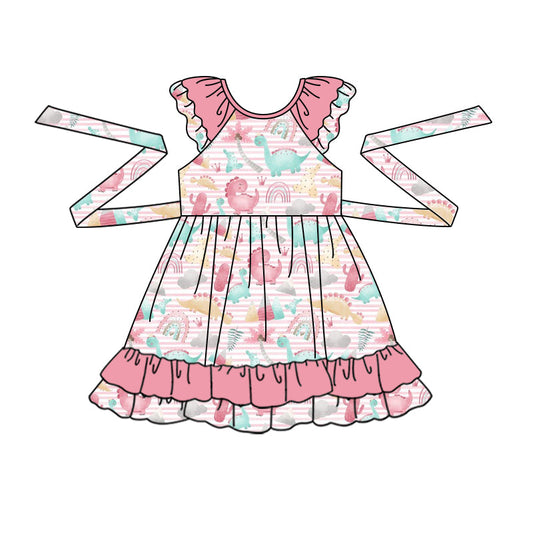 Pink stripe dinosaur rainbow ruffle girls dresses