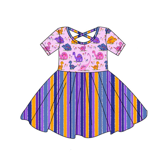 Short sleeves dinosaur stripe kids girls summer dress