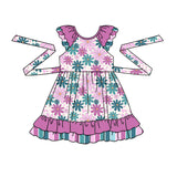 Short sleeves floral stripe ruffle girls summer dresses