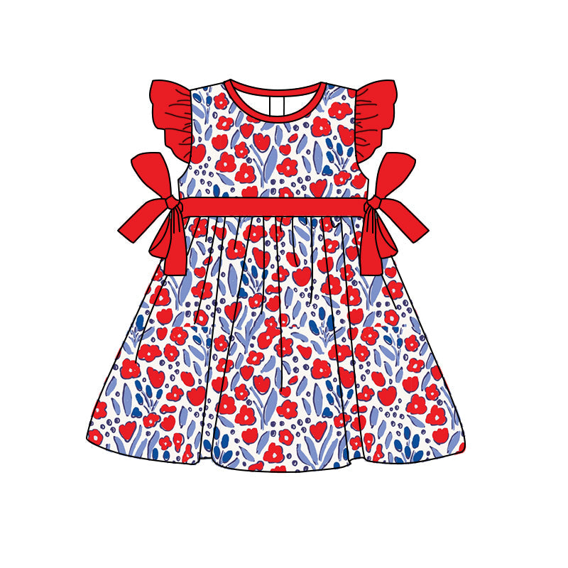 Red floral blue kids girls 4th of july dresses