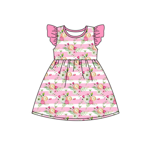 Pink flutter sleeves stripe floral girls summer dress