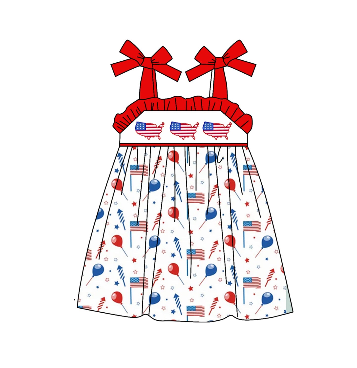 Red straps balloon flag girls 4th of july dresses