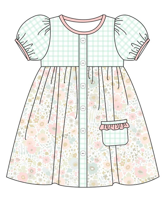 Plaid short sleeves floral pocket kids girls dresses