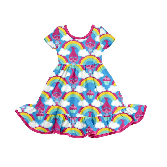 Short sleeves rainbow cupcake smile girls dresses