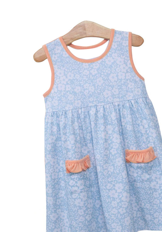 Sleeveless blue floral pockets kids girls dress