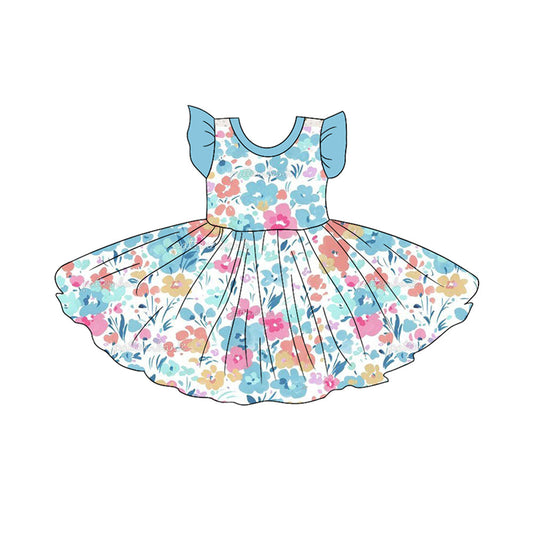 Flutter sleeves light blue floral girls twirl dresses
