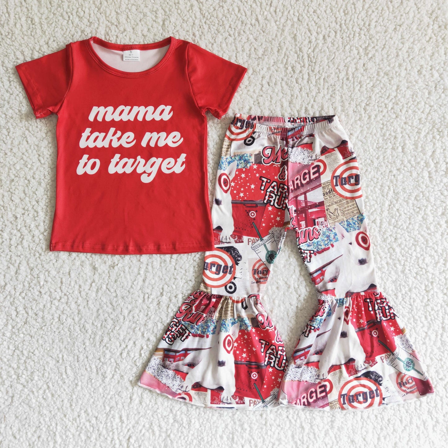 Red mama take me cart bell bottom pants girls clothing set