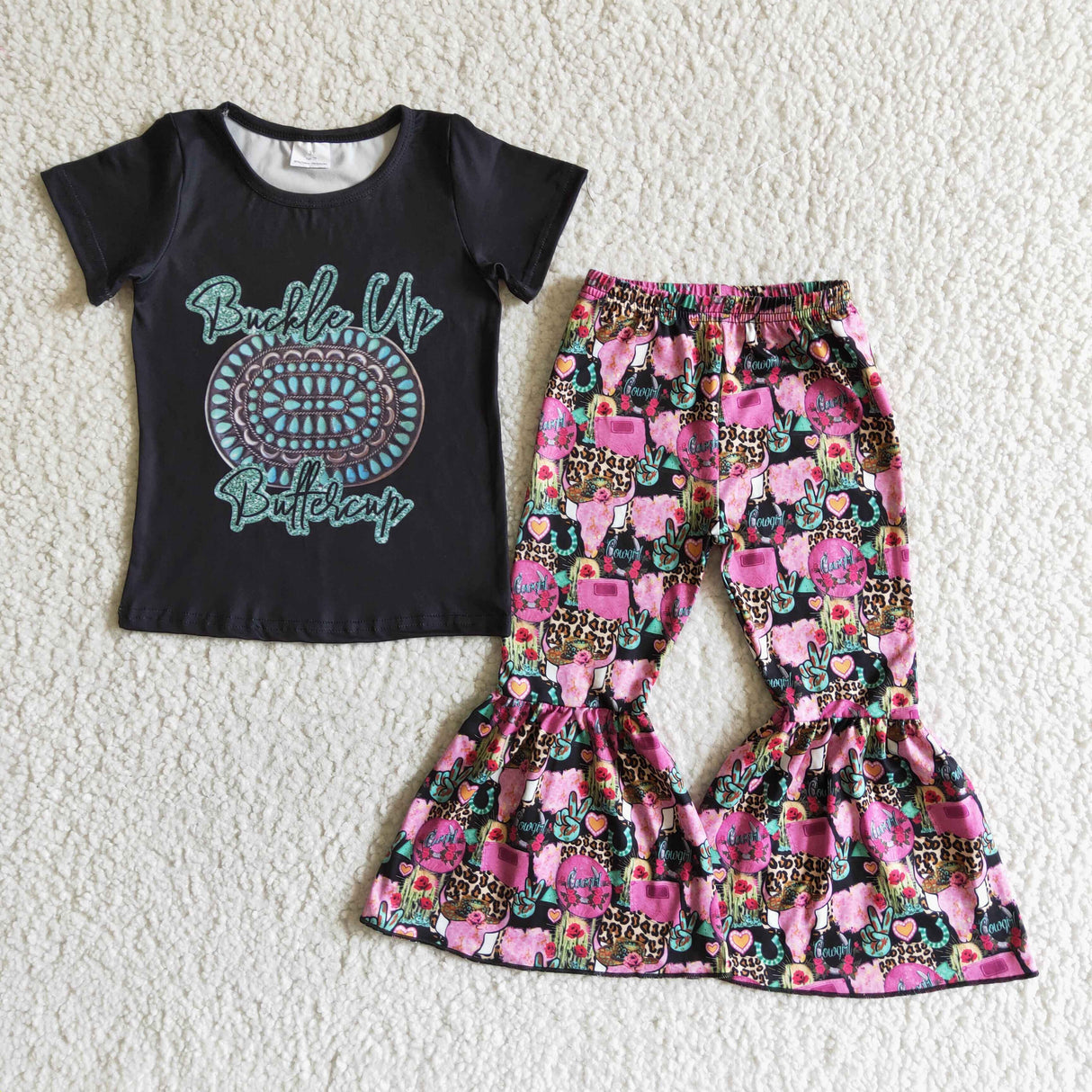 Buckle up buttercup turquoise shirt bell bottom pants girls western clothing