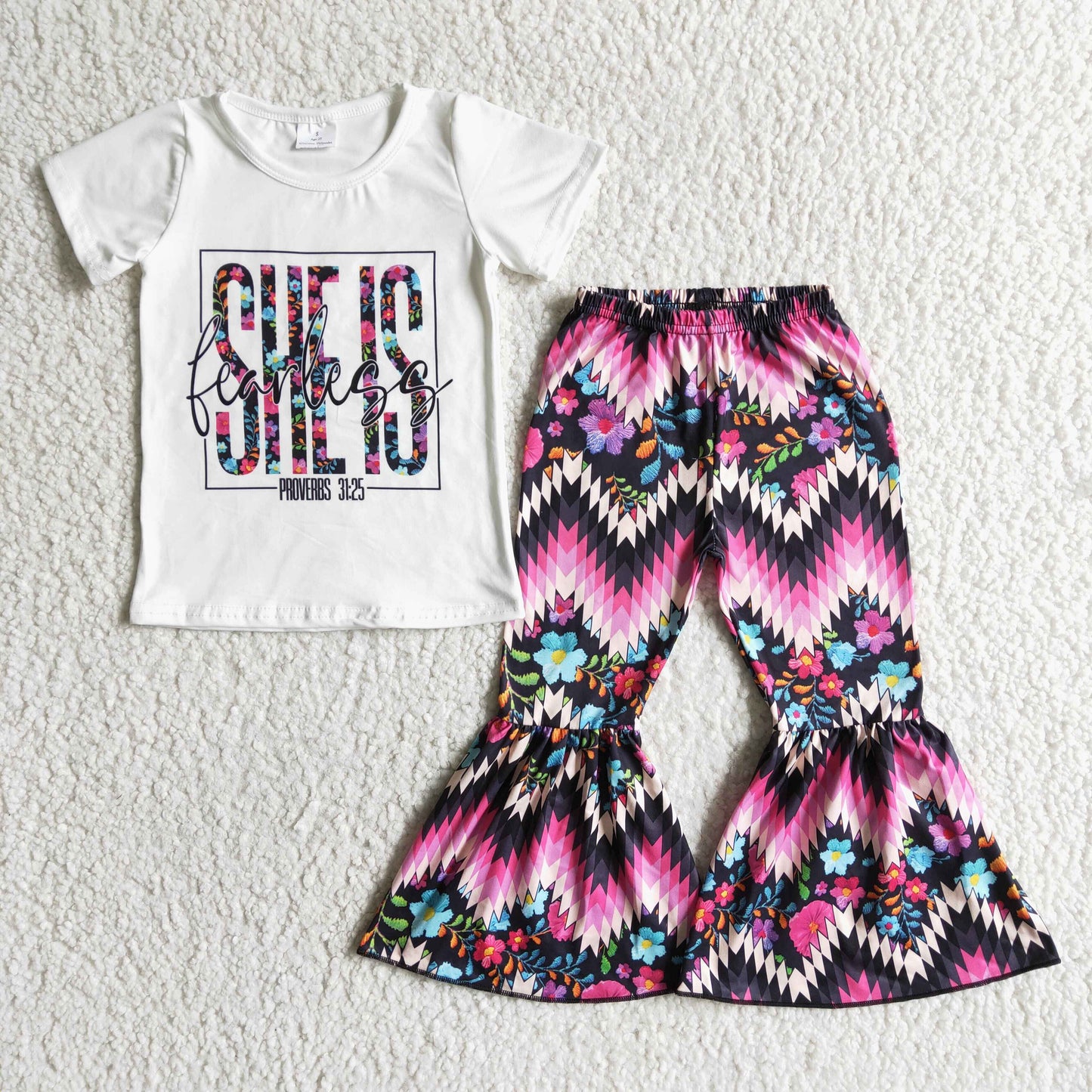 She is fearless shirt bell bottom pants girls clothing set