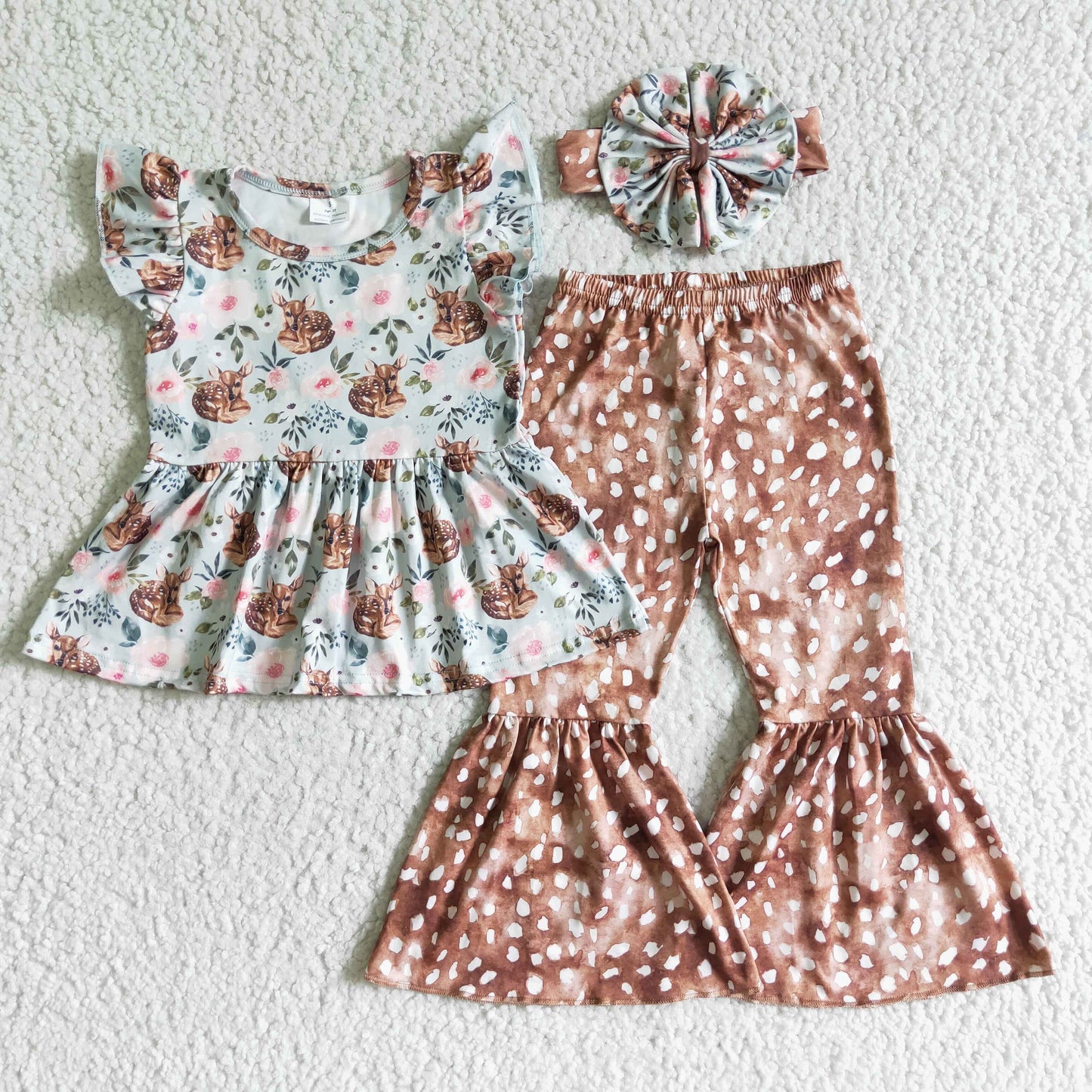 Deer peplum bell bottom pants girls set