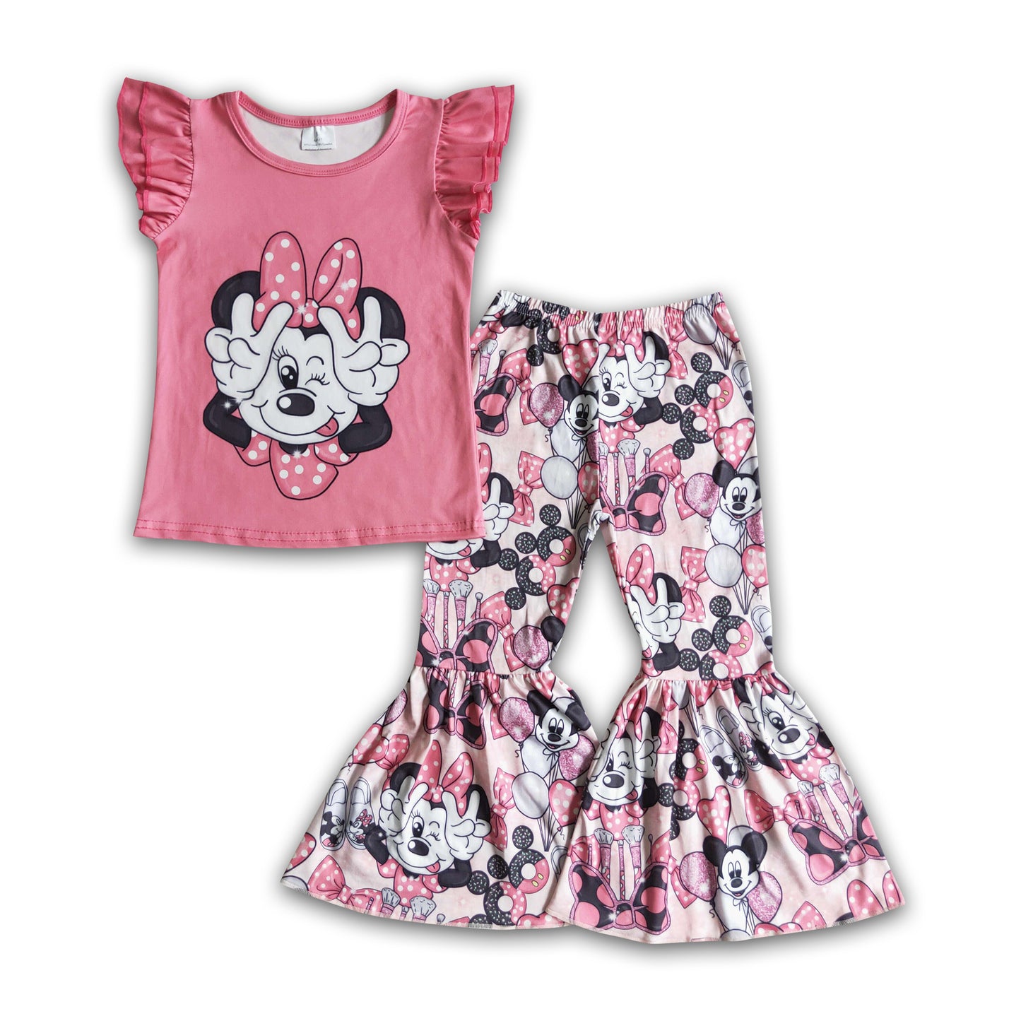 Pink cute shirt mouse bell bottom pants set girls boutique clothes