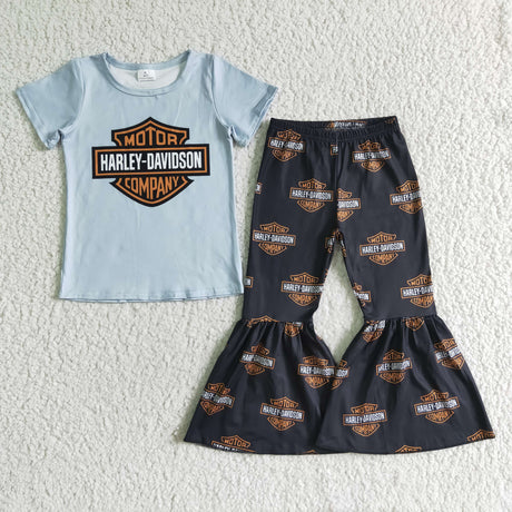 Short sleeve motor bell bottom pants kids girls cool set