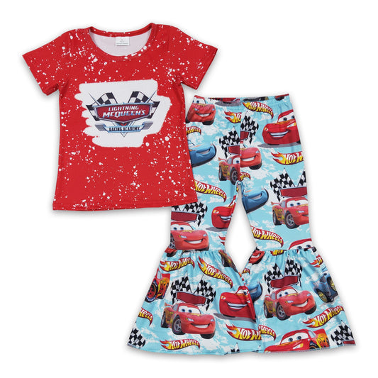 Red car bleached shirt bell bottom pants girls clothing set