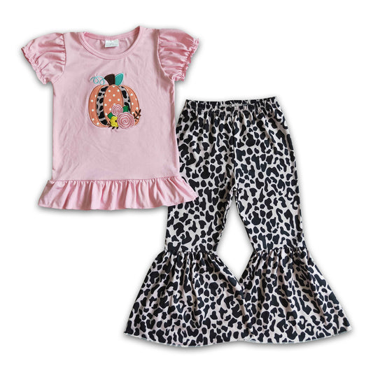 Pumpkin floral embroidery pink shirt leopard pants girls fall set
