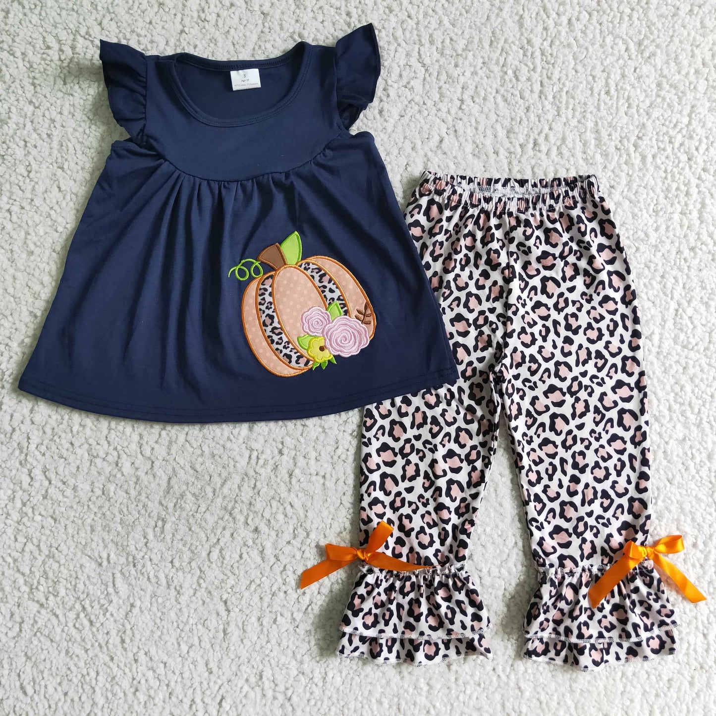 Navy cotton pumpkin embroidery leopard ruffle set girls fall clothes