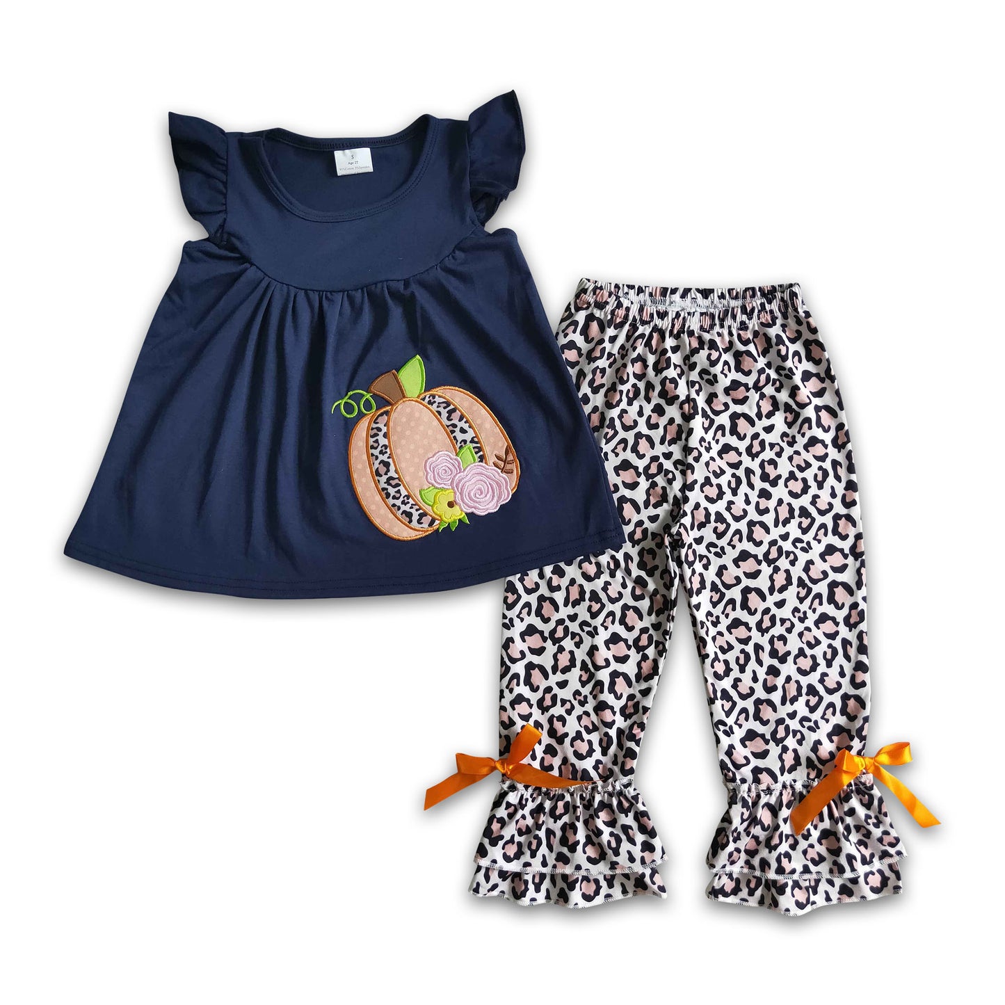 Navy cotton pumpkin embroidery leopard ruffle set girls fall clothes