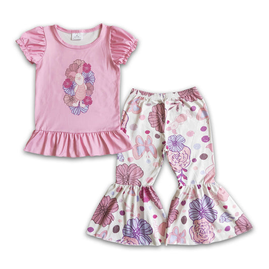 Pink floral shirt bell bottom pants kids girls clothes