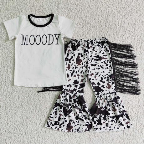 Moody shirt cow tassels bell bottom pants girls western clothing