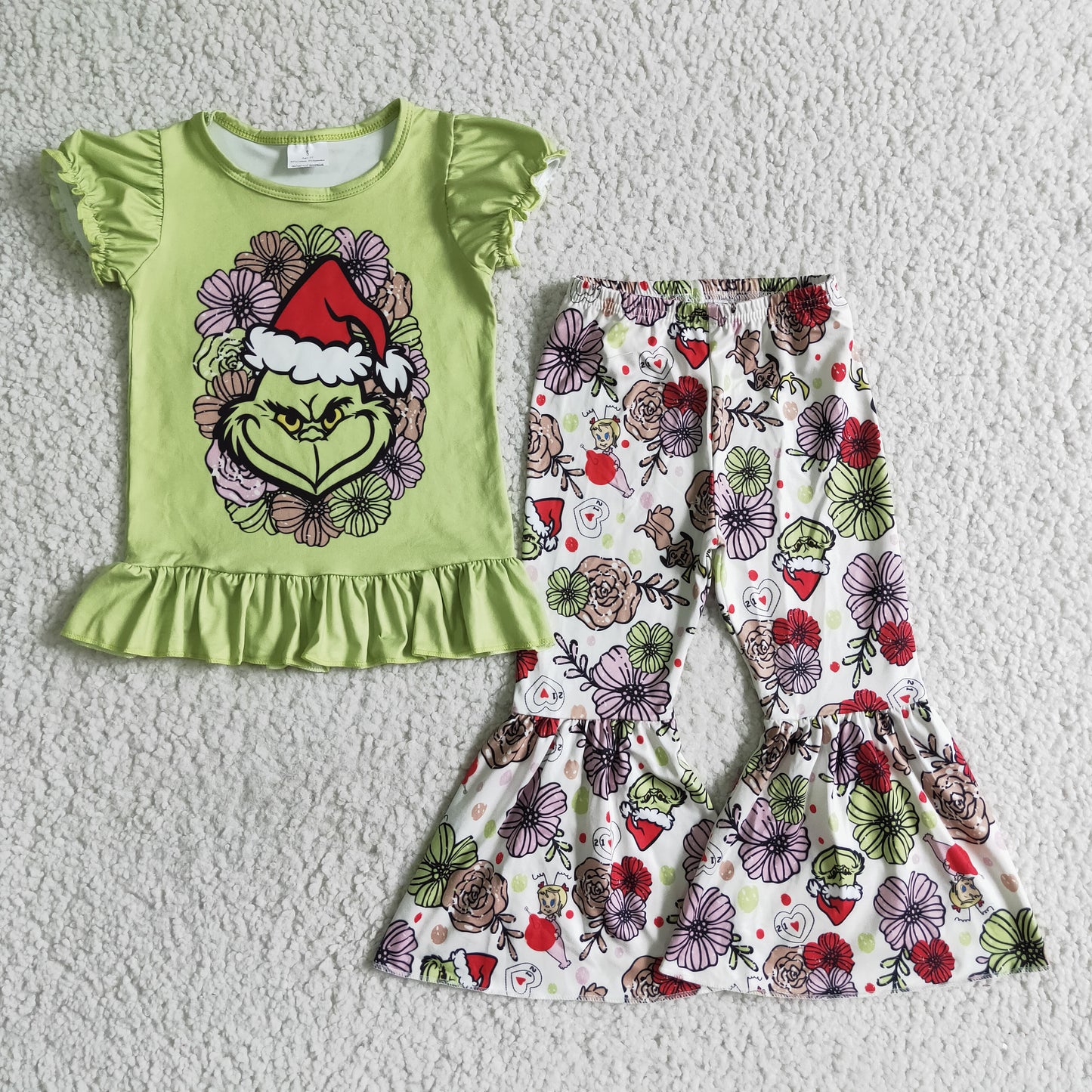 Short sleeve green face shirt pants girls Christmas set