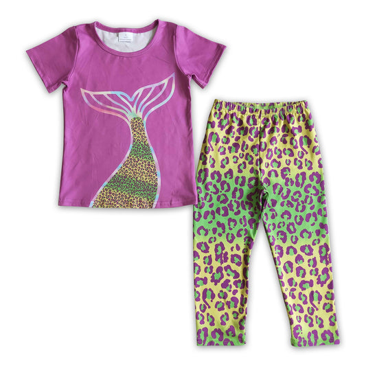 Purple leopard mermaid tail girls clothing set