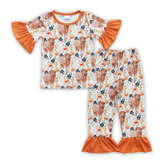 Highland cow floral girls short sleeves western pajamas