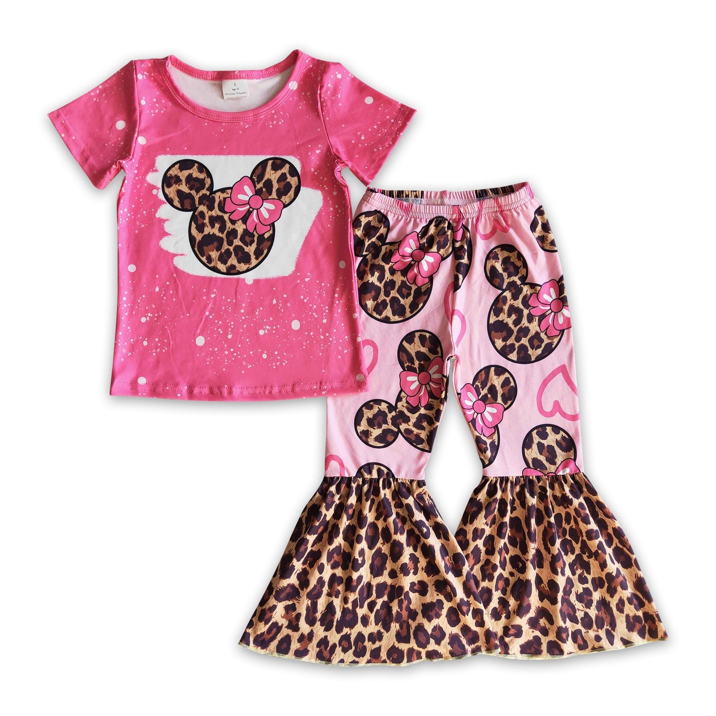 Pink mouse leopard bell bottom pants girls outfits purse set