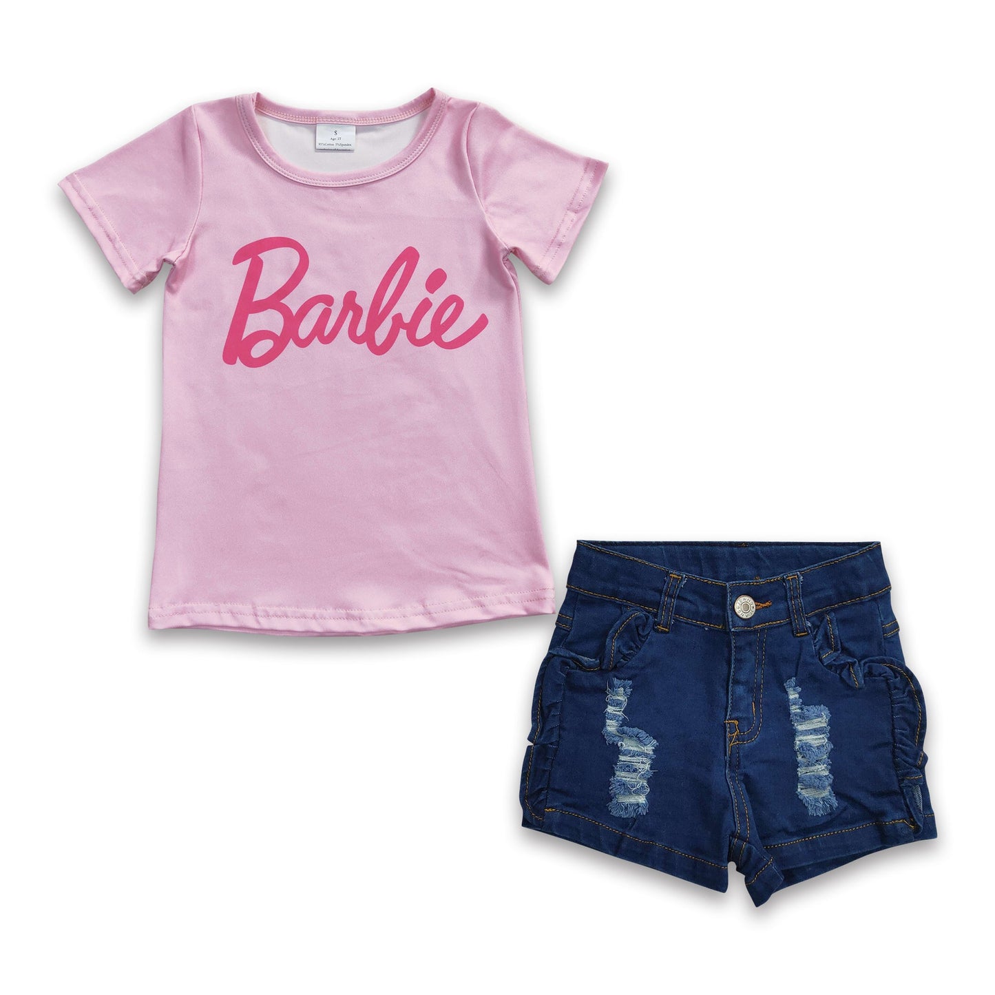 Pink shirt match blue denim shorts party girls clothing