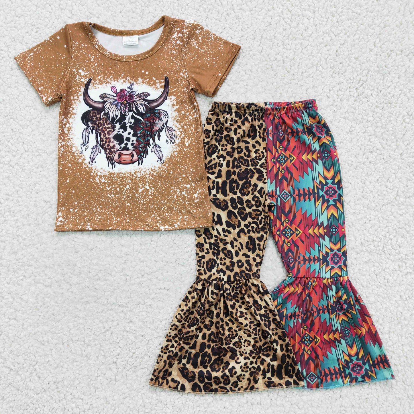 Leopard aztec cow bleached bell bottom pants girls western clothes