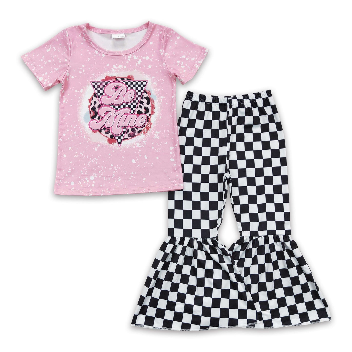 Pink be mine shirt black plaid bell bottom pants girl Valentine's clothes