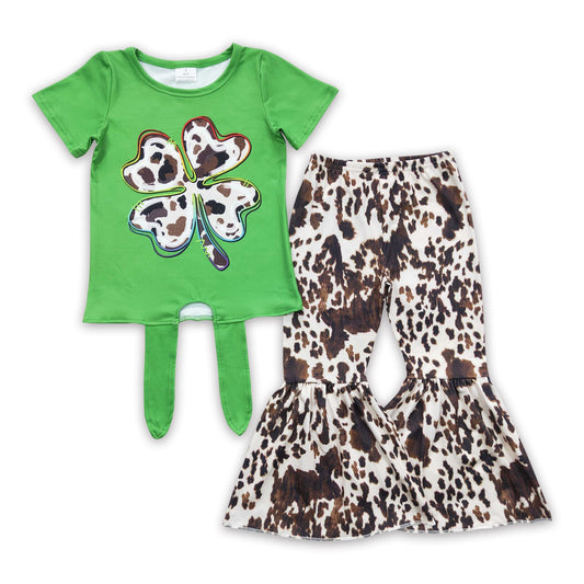 Green clover cow bell bottom pants girls st patrick's day outfits