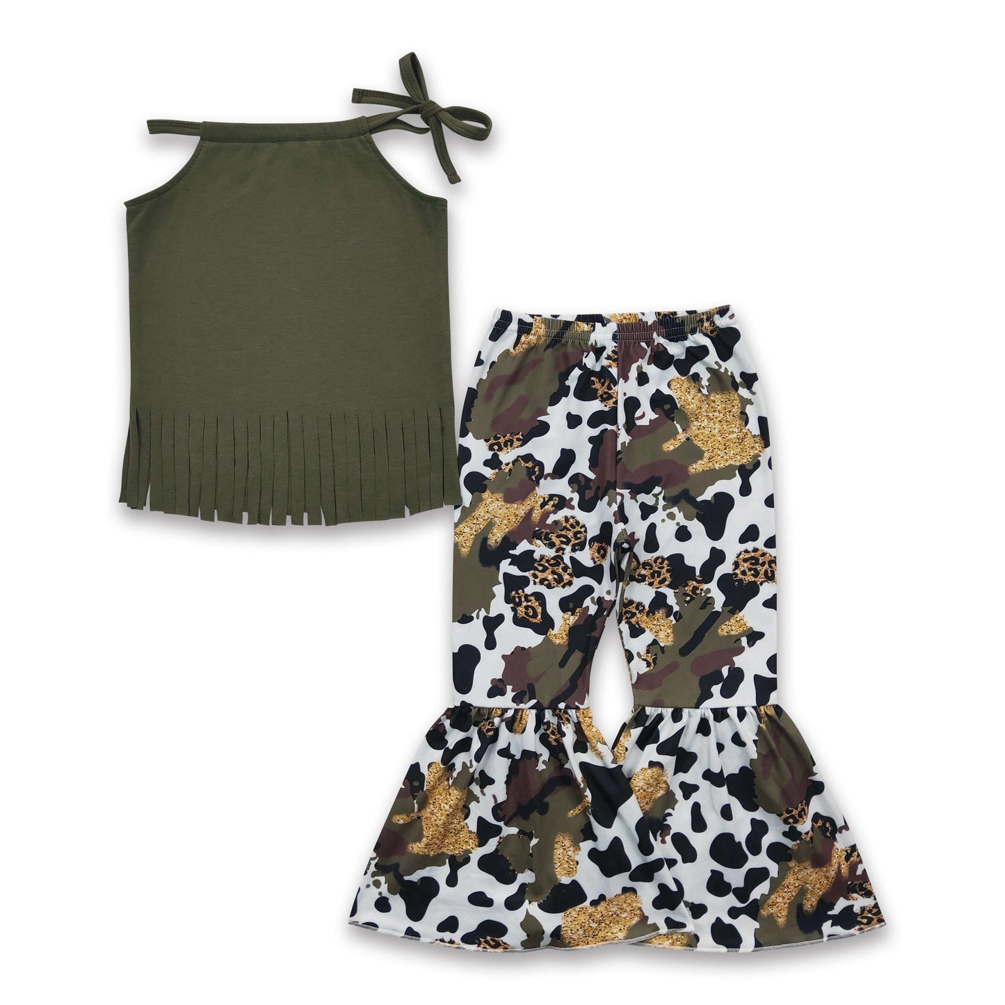 Olive tassels shirt camo leopard girls clothing set