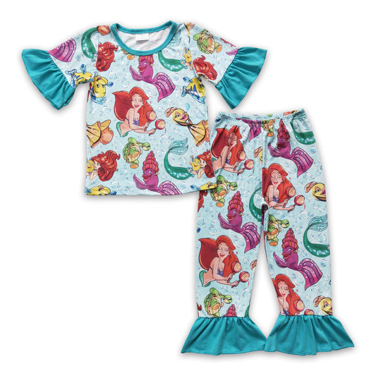 Short sleeves sea princess girls pajamas