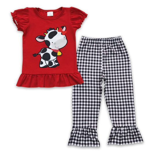 Cow embroidery cotton shirt plaid pants girls clothes