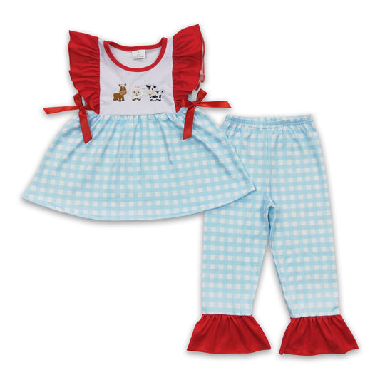 Cow sheep horse embroidery plaid tunic pants girls clothing set