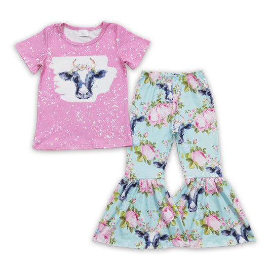 Pink floral cow shirt bell bottom pants girls clothes