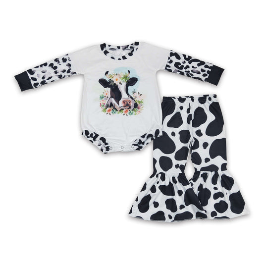 Long sleeves cow romper match bell bottom pants baby girls outfits