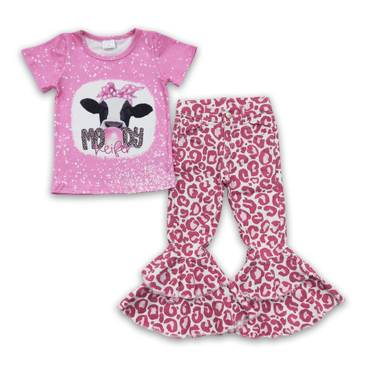 Moody heifer pink shirt leopard jeans girls clothing set