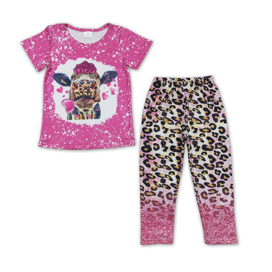 Heart cow flower shirt pink leopard leggings girls valentine's outfits
