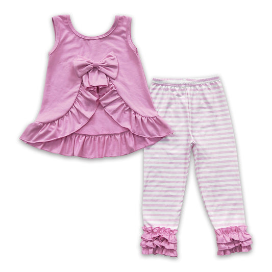 Pink bow backless top stripe leggings girls spring clothes