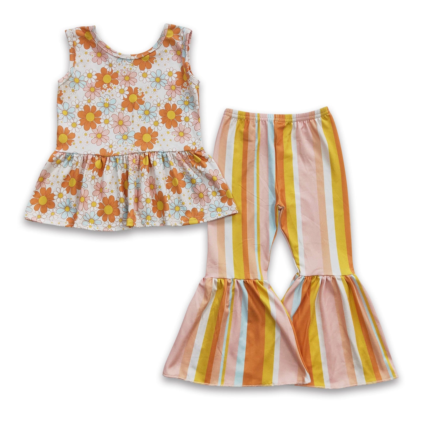 Floral sleeveless peplum stripe bell bottom pants baby girls outfits