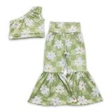 One shoulder top floral bell bottom pants ribbed girls clothes