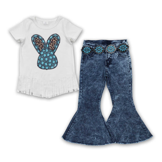 Turquoise leopard rabbit shirt jeans girls easter clothing set